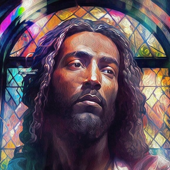 8x8 Black Jesus Stained Glass Wall Art Watercolor Oil Painting Framed Print - Picture 6 of 9